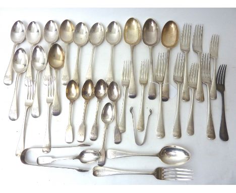Mixed Victorian and later silver flatware and a pair of Georgian silver sugar tongs, mixed dates, total weight 1805.5