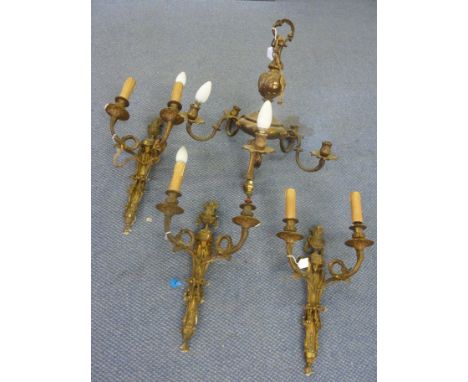 Early to mid 20th century gilt brass five-branch ceiling light, along with three similar side lights