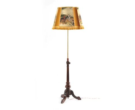 ANTIQUE BRASS STANDARD LAMP ON MAHOGANY BASE WITH THREE SPLAYED LEGS HEIGHT: 68 INCHES GOOD CONDITION