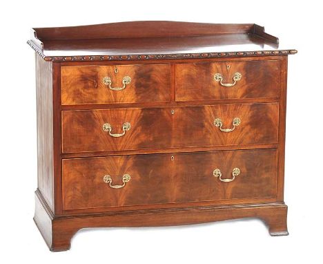 ANTIQUE GALLERY BACK, TWO OVER TWO MAHOGANY CHEST OF DRAWERS WITH BRASS DROP HANDLES ON BRACKET FEET.HEIGHT: 35 INCHESWIDTH: 
