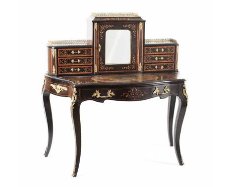 INLAID SERPENTINE PRINT BONHEUR DU JOUR FITTED WITH 7 DRAWERS AND CENTRE CUPBOARD ON CUB LEGS WITH CAST METAL MOUNTSWEAR TO L