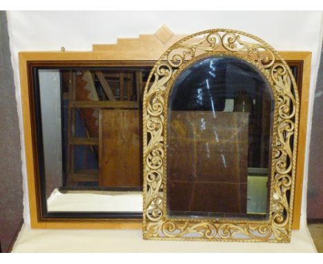 ART DECO STYLE WALL MIRROR WITH WOOD VENEERED SURROUND TOGETHER WITH AN ARCH SHAPED MIRROR IN A GILT PAINTED FOLIATE STYLE FR