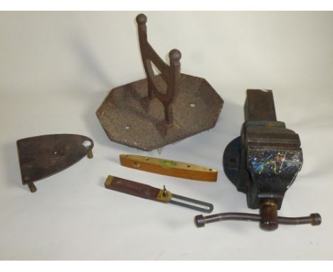 C19th CAST IRON BOOT SCRAPER, BENCH CLAMP, BRASS IRON REST AND TOOLS [5]