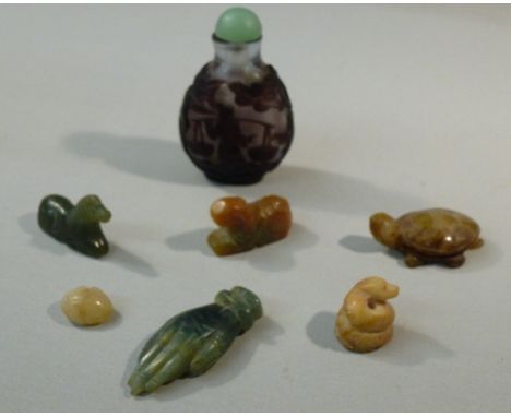 GLASS CAMEO SCENT BOTTLE WITH FIGURES AND BLOSSOM IN RELIEF TOGETHER WITH A GROUP OF JADE AND HARDSTONE OBJECTS [7]