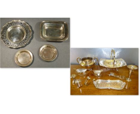 SILVER DISH WITH SCROLL AND PIERCED RIM OF FOLIATE DESIGN, SHEFFIELD 1931, 104g (DIA:     14 cm), SILVER OBLONG BOWED DISH WI