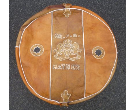 AFRICAN LEATHER AND SNAKESKIN POUFFE WITH BAIDED HANDLES (H: 27 cm, DIA: 62 cm)