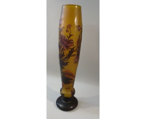 TALL GALLÉ STYLE CHRYSANTHEMUM CAMEO VASE WITH RUBY AND DEEP RED GLASS ON A BUTTERSCOTCH/AMBER GROUND (H: 41.5 cm)