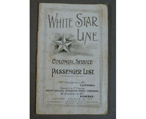 WHITE STAR LINE COLONIAL SERVICE PASSENGER LIST FOR TWIN SCREW STEAMER "AFRIC", 11,948 TONS, SAILING FROM LIVERPOOL, MARCH 14