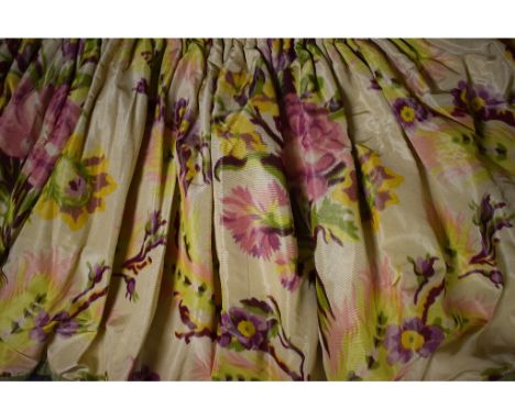 A pair of silk lined curtains, 6 feet 2 inches wide (190 cm) with a drop of 9 feet (275 cm) and a matching pelmet, swags and 