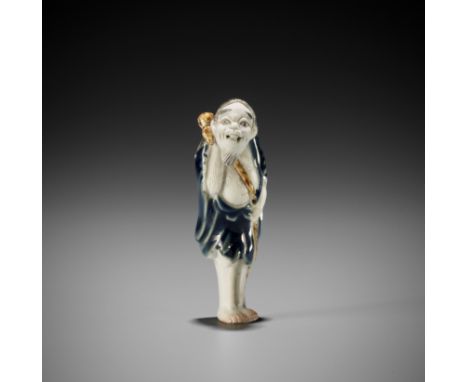 A HIRADO PORCELAIN NETSUKE OF TEKKAI SENNINUnsignedJapan, 19th centuryMolded holding his staff and hyotan (double gourd), dre
