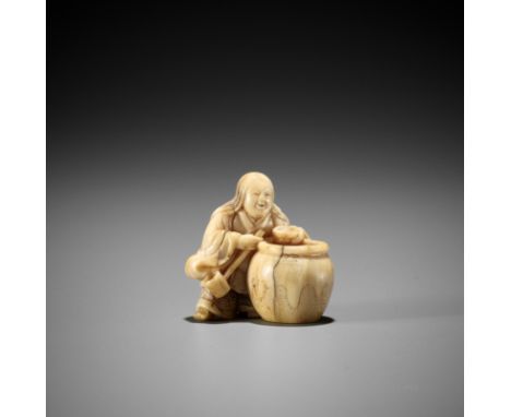 AN EARLY IVORY NETSUKE OF SHOJO WITH HUGE SAKE JARUnsignedJapan, 18th century, Edo period (1615-1868)The Shojo leaning on a l