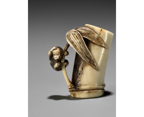 MASAYUKI: A SUPERB STAG ANTLER NETSUKE OF A MONKEY CLAMBERING ON A LEAFY BAMBOO NODEBy Hoshunsai Masayuki, signed Masayuki 正之