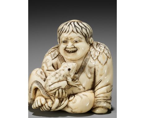 TOMOTADA: A RARE AND IMPORTANT IVORY NETSUKE OF GAMA SENNIN WITH HIS TOADBy Tomotada, signed Tomotada 友忠Japan, Kyoto, 18th ce