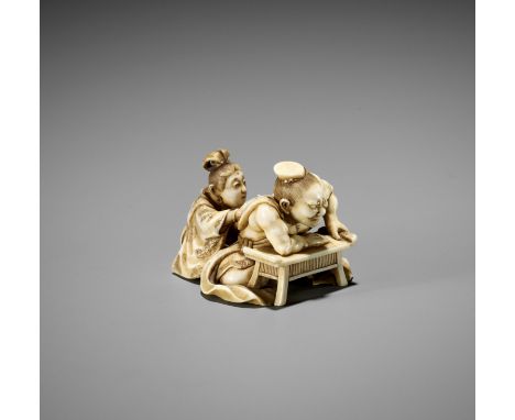 EISHIN: AN IVORY NETSUKE OF BENTEN MASSAGING A NIOBy Eishin, signed Eishin 永眞Japan, Tokyo, second half of 19th centuryFinely 