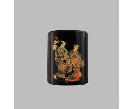 TOJU: A SUPERB FOUR-CASE LACQUER INRO WITH ENTERTAINERS AND A SAMURAIBy Kanshosai Toju(sai), signed Toju 桃壽 and kakihanJapan,