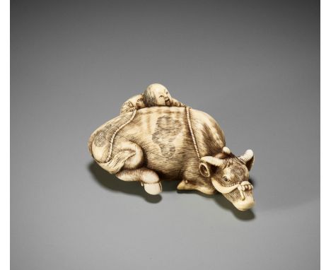 GARAKU: A POWERFUL IVORY NETSUKE OF AN OX WITH OXHERDBy Risuke Garaku, signed Tomotada 友忠Japan, Osaka, late 18th century, Edo