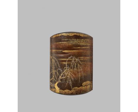 KANSHOSAI TOYO: A FINE GOLD LACQUER FOUR-CASE INRO WITH WILLOW TREE, THE DESIGN AFTER KANO KORENOBU YOSENBy Kanshosai Toyo, s