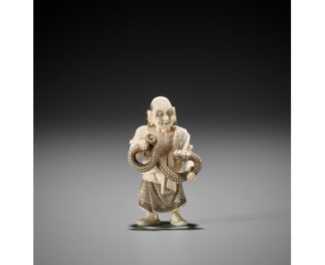 NAKAMURA KUYA: A RARE IVORY NETSUKE OF A RAKAN WITH SNAKEBy Nakamura Kuya (1881-1961), signed Kuya 空哉Japan, c. 1920Smiling be