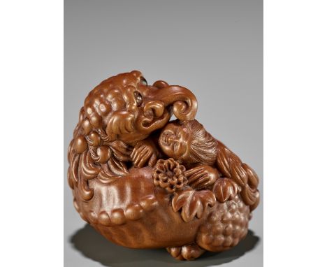 HIDEYUKI: A SUPERB WOOD NETSUKE OF KIKUJIDO AND BAKUBy Hideo Sakurai (Kosei Hideyuki, born 1941), signed Kosei 廣晴with seal Hi