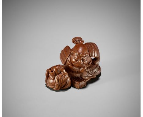 AN UNUSUAL WOOD NETSUKE OF A SAMURAI WITH FOX CHILDUnsignedJapan, late 19th- early 20th century, Meiji period (1868-1912)Fine