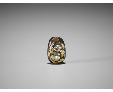 TENMIN: A MIXED METAL OJIME WITH HOTEI AND KARAKOBy Asama Tenmin, signed Tenmin 天民Japan, late 19th centuryIn the form of a tr