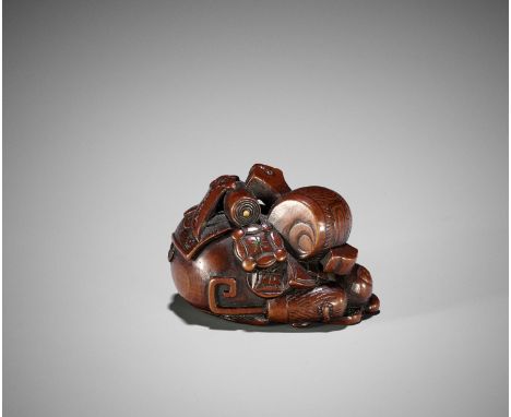 RYOMIN: A FINE WOOD NETSUKE OF TAKARAMONO (LUCKY OBJECTS)By Ono Ryomin, signed Ryomin凌民Japan, Edo (Tokyo), mid-19th century, 