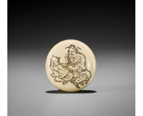 KOJU: AN AMUSING IVORY MANJU NETSUKE OF SHOKI AND ONIBy Koju (Mitsutoshi), signed Koju 光寿Japan, Edo (Tokyo), mid-19th century