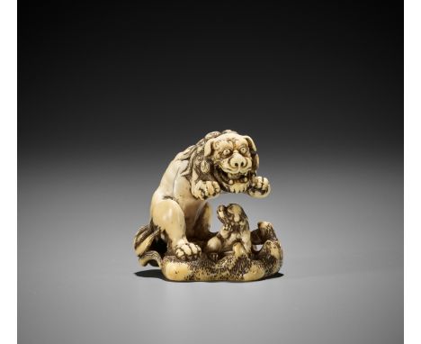 A SUPERB IVORY NETSUKE OF A ROARING SHISHI WITH CUBUnsignedJapan, Osaka, ca. 1780-1800, Edo period (1615-1868)Published: Sydn