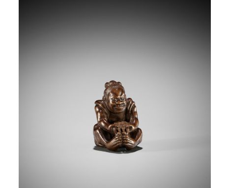 TOMOYUKI: A WOOD NETSUKE OF A NIO WITH SANDALBy Tomoyuki, signed Tomoyuki 友行Japan, Edo (Tokyo), 19th century, Edo period (161