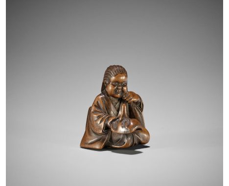 A FINE WOOD SHUNGA NETSUKE OF OKAME HOLDING A KONOHA TENGU MASKBy Sukekazu, signed Sukekazu 亮一Japan, Takayama, Hida school, l