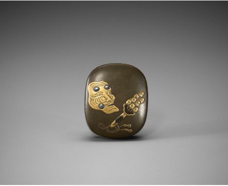 TSUNEYOSHI: A FINE LACQUERED HAKO NETSUKE WITH OKINA MASK AND BELL TREEBy Tsuneyoshi, signed Tsuneyoshi 常義saku 作Japan, 19th c