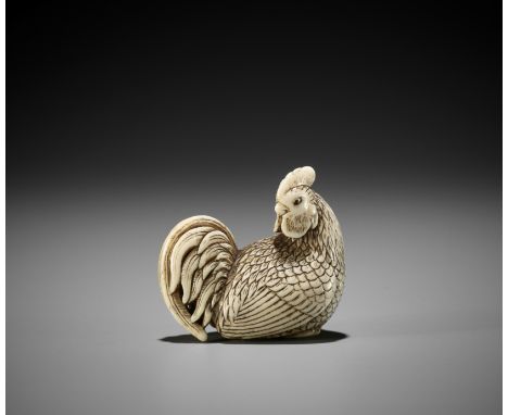 OKATOMO: AN IVORY NETSUKE OF A COCKERELBy Yamaguchi Okatomo, signed Okatomo 岡友Japan, Kyoto, late 18th- early 19th century, Ed