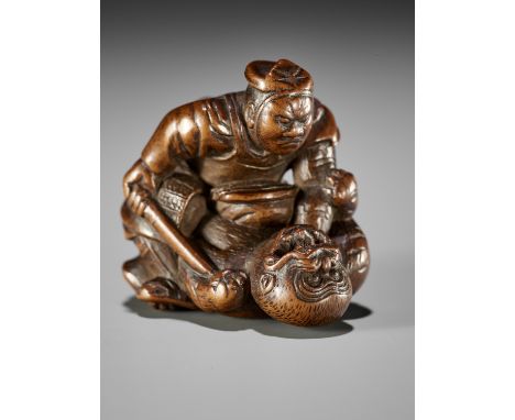 A SUPERB WOOD NETSUKE OF INO HAYATA SLAYING THE NUEUnsignedJapan, late 18th century to early 19th century, Edo period (1615-1