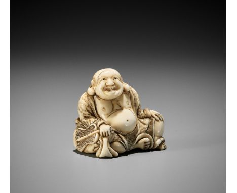 YOSHIMASA: AN IVORY NETSUKE OF HOTEIBy Yoshimasa, signed Yoshimasa 吉正Japan, Kyoto, late 18th century, Edo period (1615-1868)O