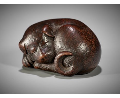 TADATOSHI: A SUPERB WOOD NETSUKE OF A SLEEPING DOGBy Tadatoshi, signed Tadatoshi 忠利Japan, Nagoya, early 19th century, Edo per