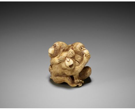 MASATAMI: A RARE IVORY NETSUKE OF THE SAMBIKI SARU (THREE WISE MONKEYS)By Masatami (Shomin), signed Masatami 正民Japan, Tokyo, 