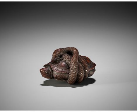 MASATAMI: A FINE WOOD NETSUKE OF A SNAKE COILED AROUND A TORTOISEBy Masatami, signed Masatami 正民 to 刀Japan, Ise-Yamada, secon