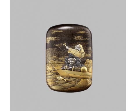 JOKASAI: A SUPERB METAL-INLAID FOUR-CASE GOLD LACQUER INRO WITH DAIKOKU AND EBISU FISHINGBy Yamada Jokasai, signed Jokasai 常嘉