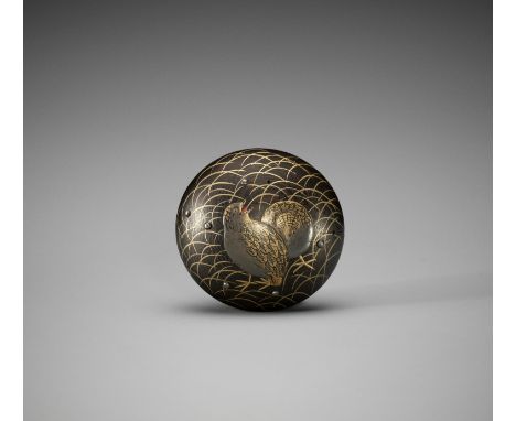KAJIKAWA: A LACQUER MANJU NETSUKE WITH QUAILSBy a member of the Kajikawa family, signed Kajikawa 梶川 saku 作Japan, early 19th c