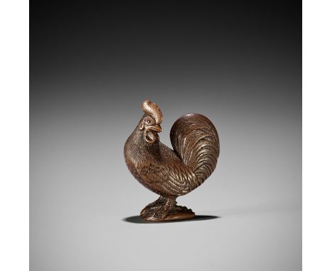 A RARE WOOD NETSUKE OF A COCKEREL ON AWABIUnsignedJapan, second half of 19th centuryFinely carved, the rooster standing on to