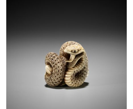 A SUPERB IVORY NETSUKE OF A SNAKE PREYING ON A FROG, ATTRIBUTED TO MASATSUGUAttributed to Kaigyokusai Masatsugu (1813-1892), 