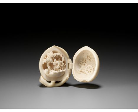 JITSUGA: A FINE IVORY NETSUKE OF MOMOTARO WITH COMPANIONS INSIDE A PEACHBy Jitsuga, signed Jitsuga 雅真Japan, Tokyo, second hal