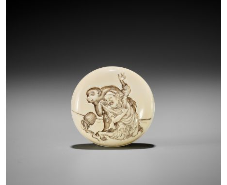 ONO RYOMIN: AN AMUSING IVORY MANJU NETSUKE DEPICTING 'THE REVENGE OF THE MONKEY'By Ono Ryomin, signed Ono Ryomin 小野陵民 and kak