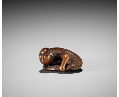 SARI: A VERY RARE WOOD NETSUKE OF A NINGYO (MERMAID)By Sari, signed Sari 左里Japan, Iwashiro province, first half of 19th centu