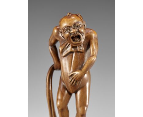 AN AMUSING WOOD NETSUKE OF A NAKED MAN TYING HIS FUNDOSHIUnsignedJapan, 19th century, Edo period (1615-1868)The naked man vis