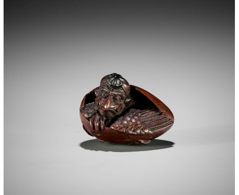 HARA SHUMIN: A FINE WOOD NETSUKE OF A HATCHING TENGU (TENGU NO TOMAGO)By Hara Shumin, signed Shumin 舟珉 and kakihanJapan, Edo 