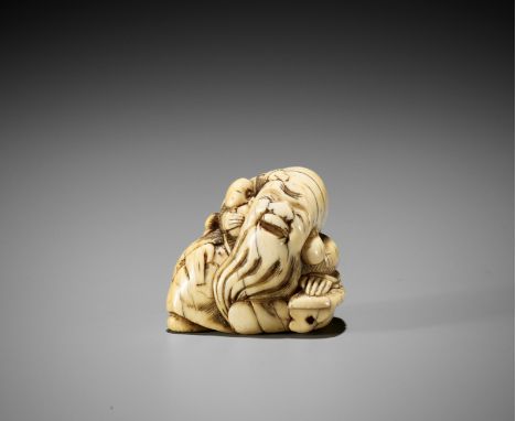 AN IVORY NETSUKE OF FUKUROKUJU WITH KARAKOUnsignedJapan, 18th century, Edo period (1615-1868)The lucky god laughing jovially,