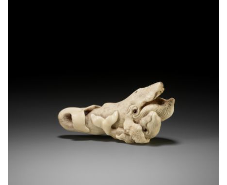 BISHU: A LARGE BONE NETSUKE OF A WHALE WITH YOUNGBy Katsutoshi Saito (Bishu, born 1943), signed Garyu Bishu 臥竜美洲 with seal Bi