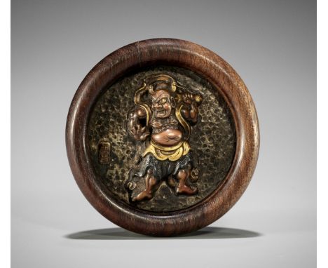 MASAMITSU: A FINE AND LARGE MIXED METAL KAGAMIBUTA NETSUKE OF A NIO GUARDIANBy Kikugawa Masamitsu, signed Masamitsu 正光Japan, 