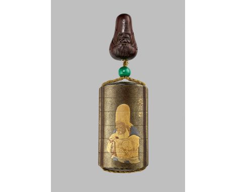 SORYUSAI: A FINE GOLD LACQUER FIVE-CASE INRO DEPICTING JUROJIN AND MINOGAME, WITH EN SUITE NETSUKEBy Soryusai, signed Soryusa